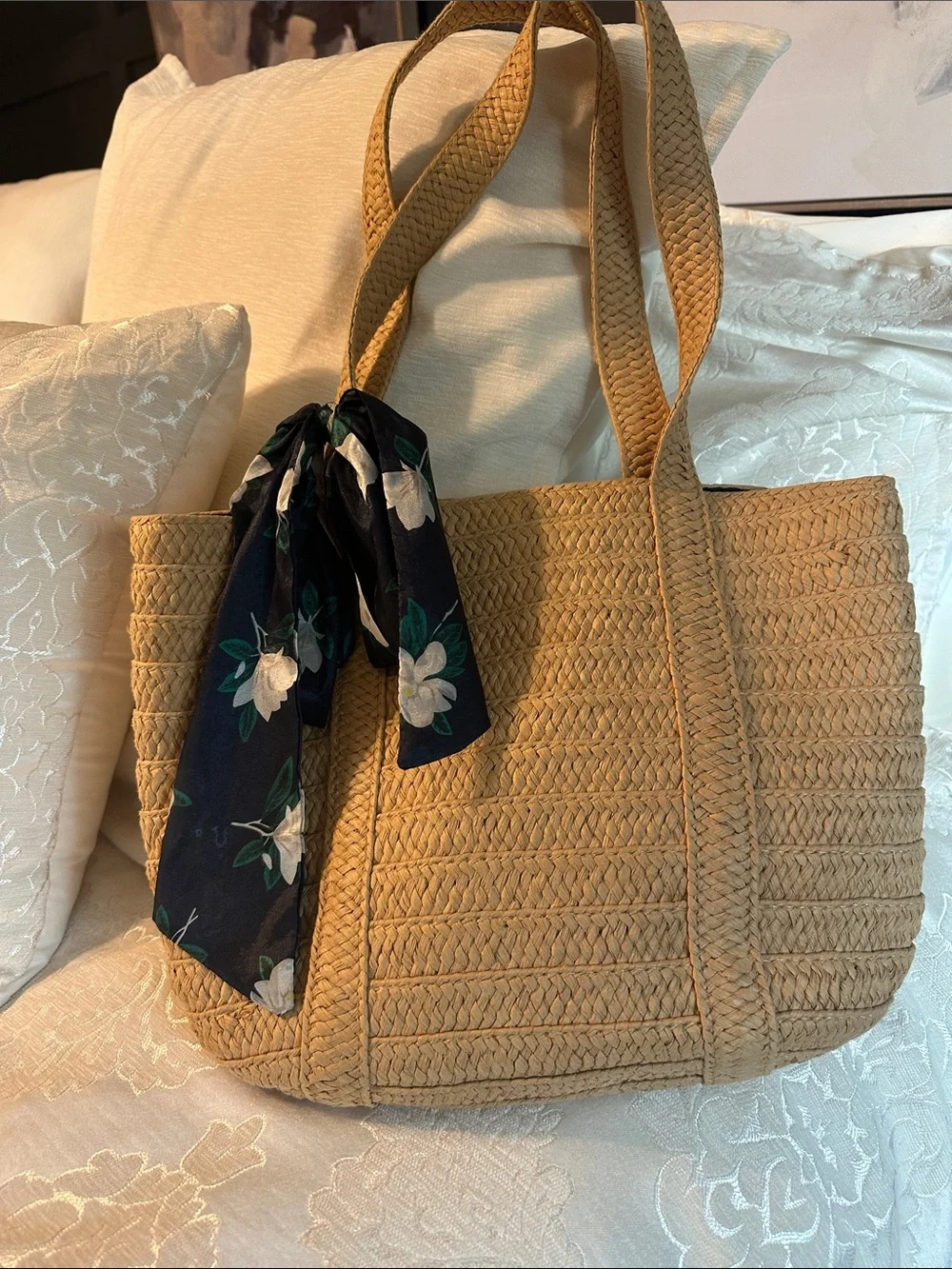 Draper James Beige Woven Straw Tote with Navy Floral Scarf